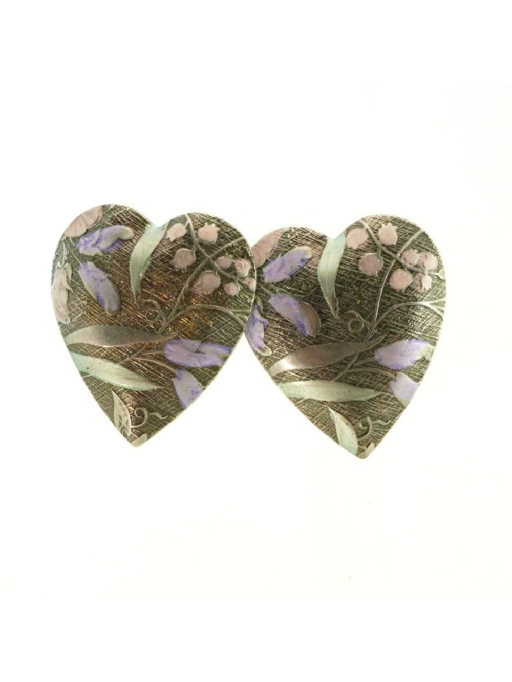 Vintage Embossed Heart Floral Pastel Silver Tone Statement Earrings Post Back